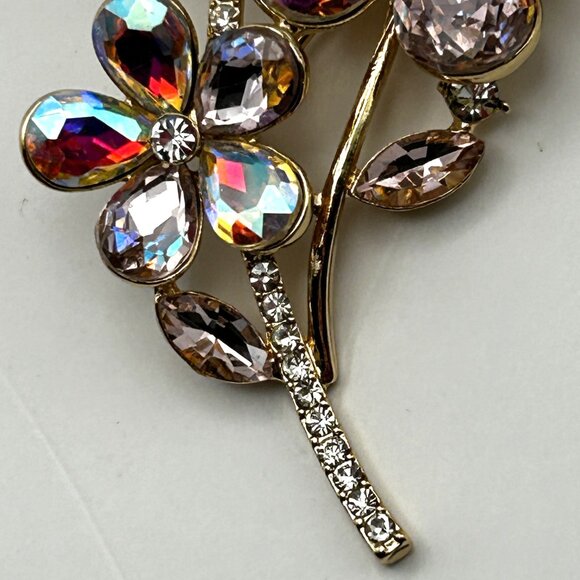 Vintage Monet Floral Brooch Pink Aurora Borealis Rhinestone Gold Tone Pin 2.25” - Picture 11 of 13